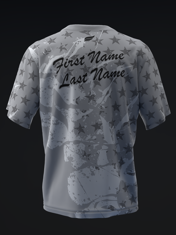 Gray bowling jersey with star pattern and personalized name text on back
