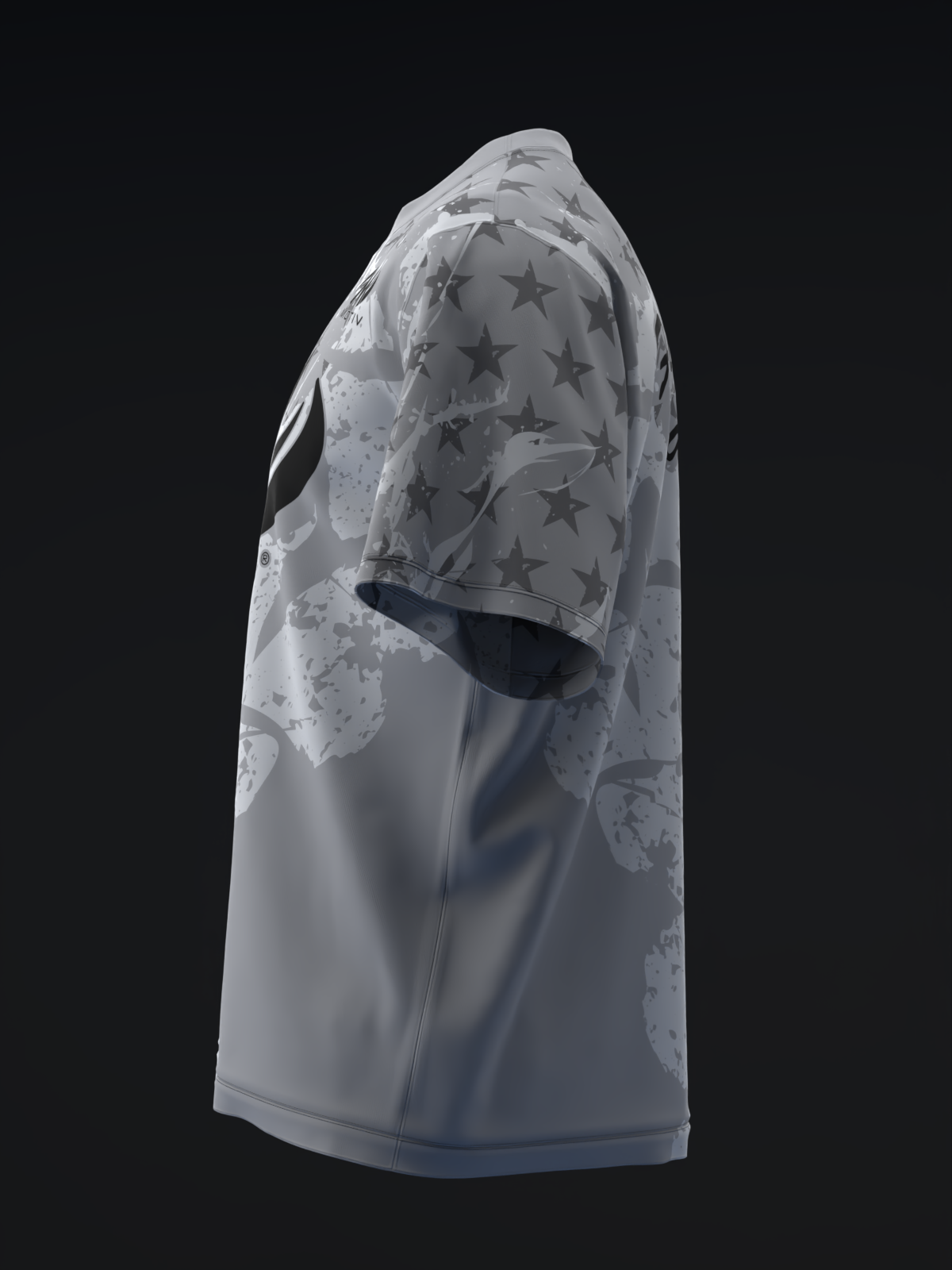 White bowling jersey with gray star pattern and splatter design, side view
