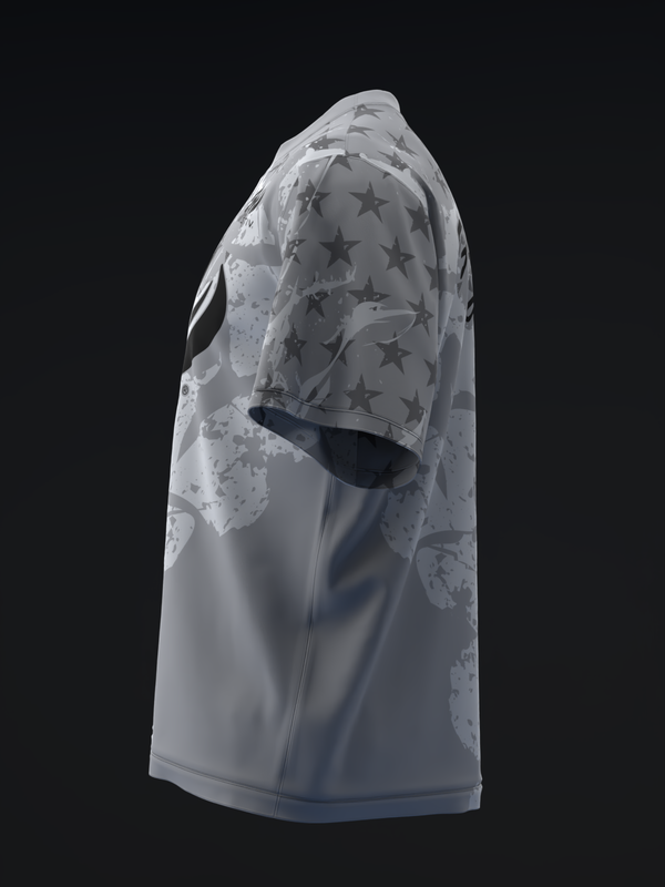 White bowling jersey with gray star pattern and splatter design, side view