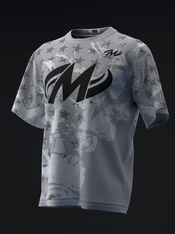 White bowling jersey with gray star pattern and black Motiv logo