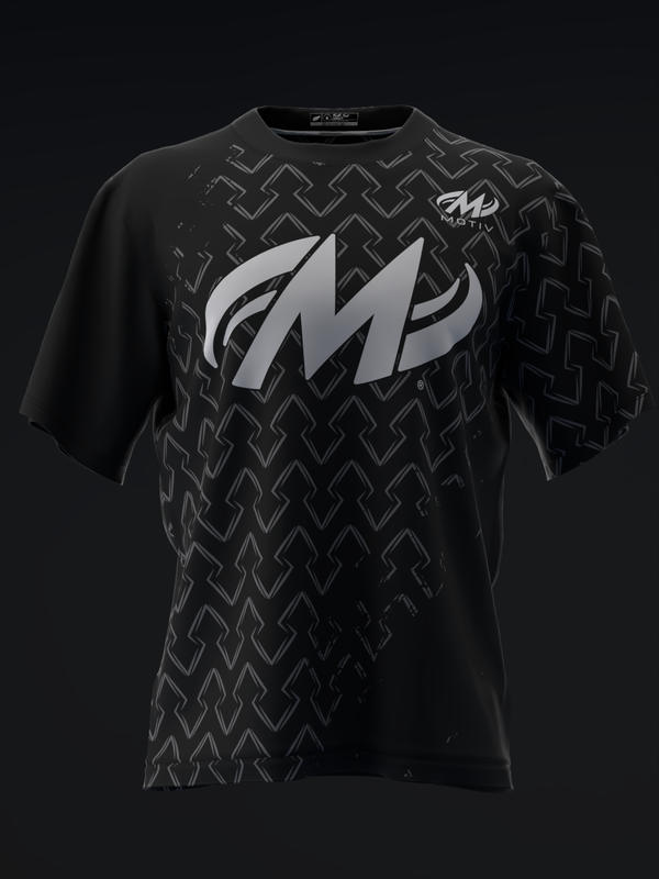Black bowling jersey with geometric diamond pattern and silver M logo on front