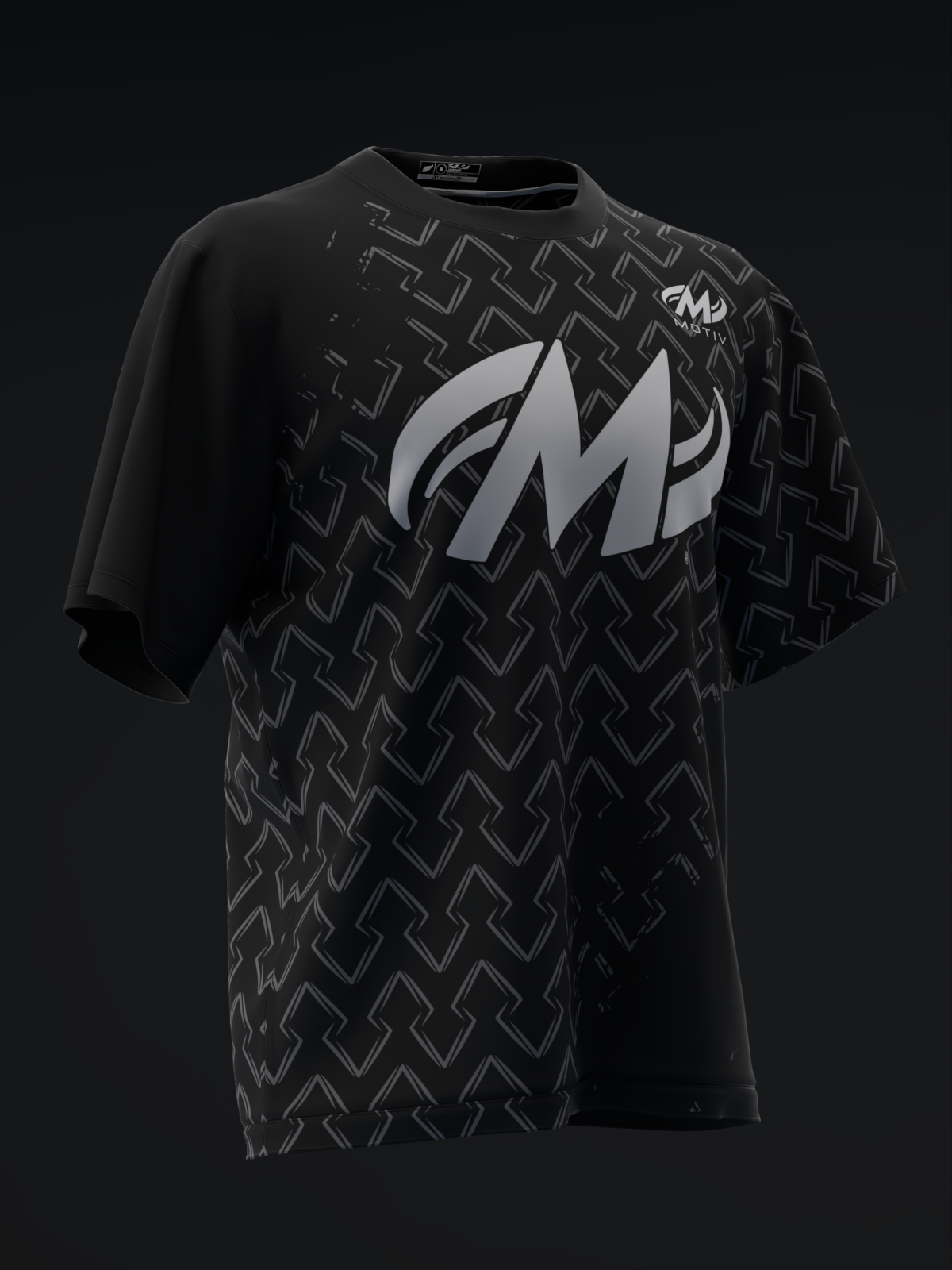 Black bowling jersey with geometric pattern and large silver M logo on front