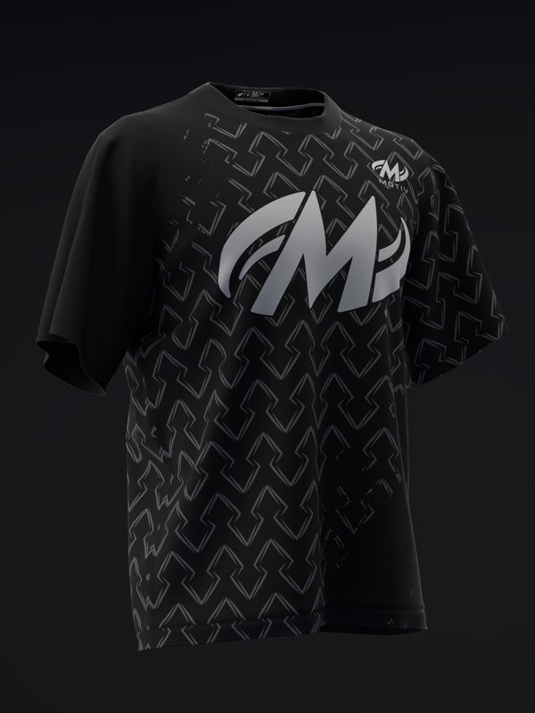 Black bowling jersey with geometric pattern and large silver M logo on front