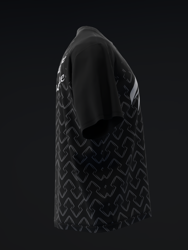 Black bowling jersey with geometric diamond pattern and white text detail
