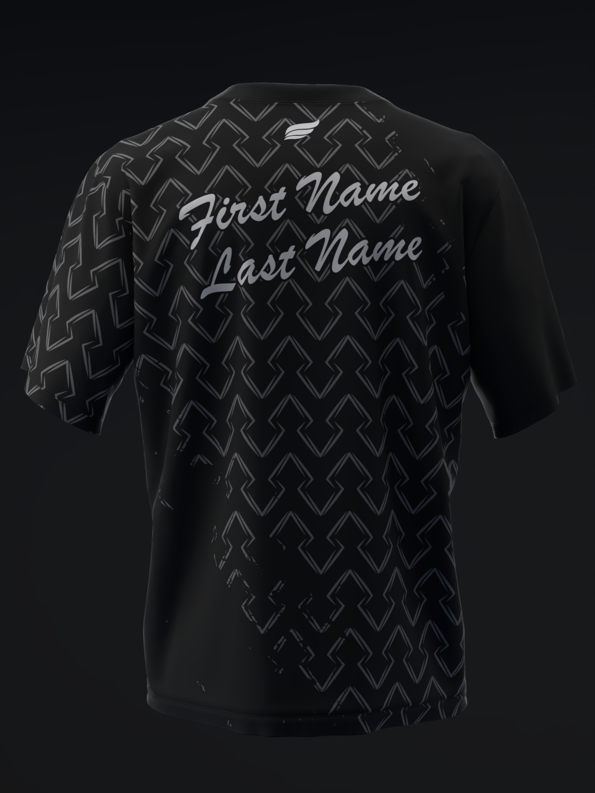 Black bowling jersey with diamond pattern and personalized name text on back
