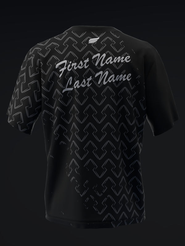 Black bowling jersey with diamond pattern and personalized name text on back