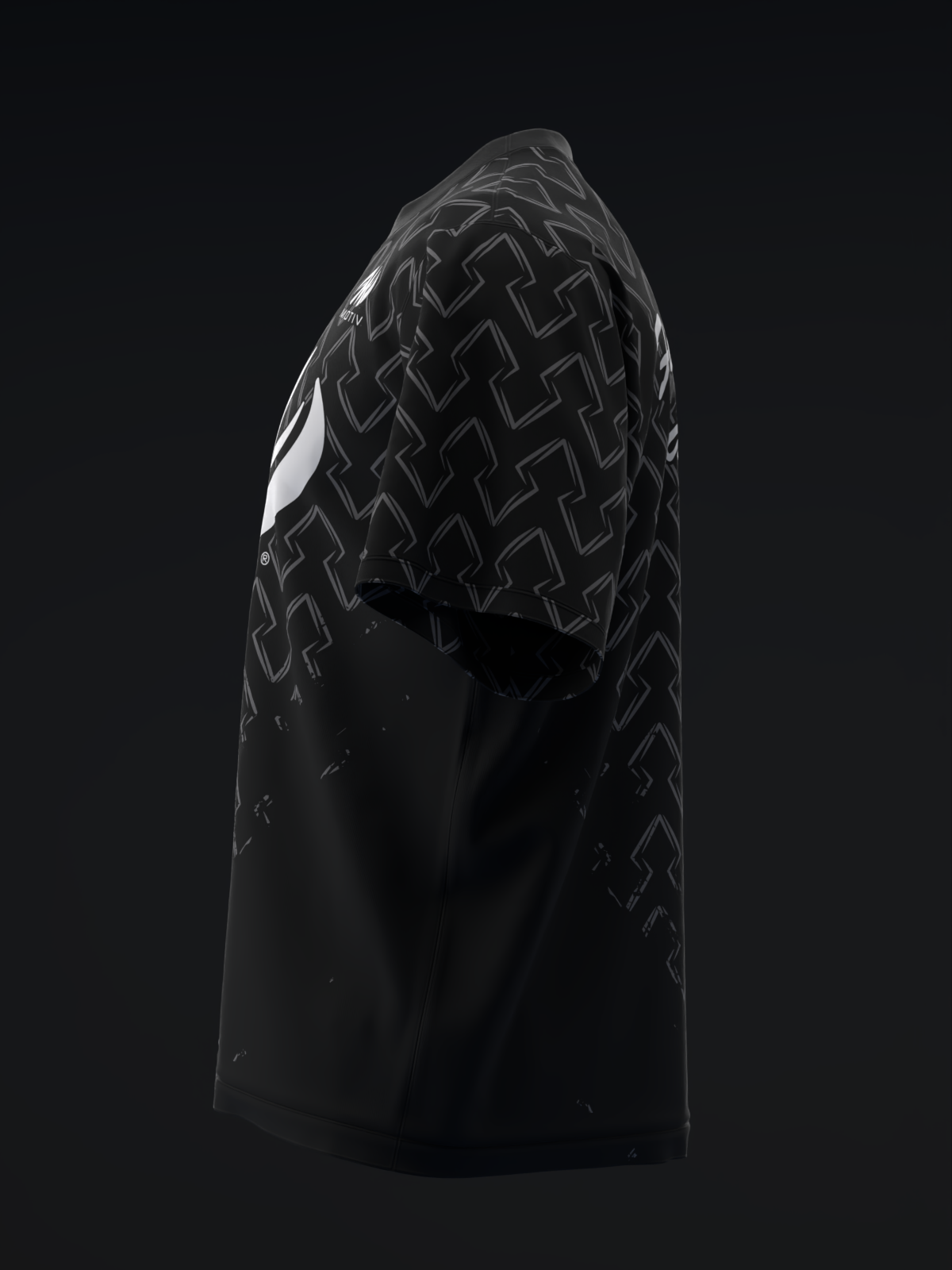 Black bowling jersey with gray geometric pattern on shoulders and sleeves, side view