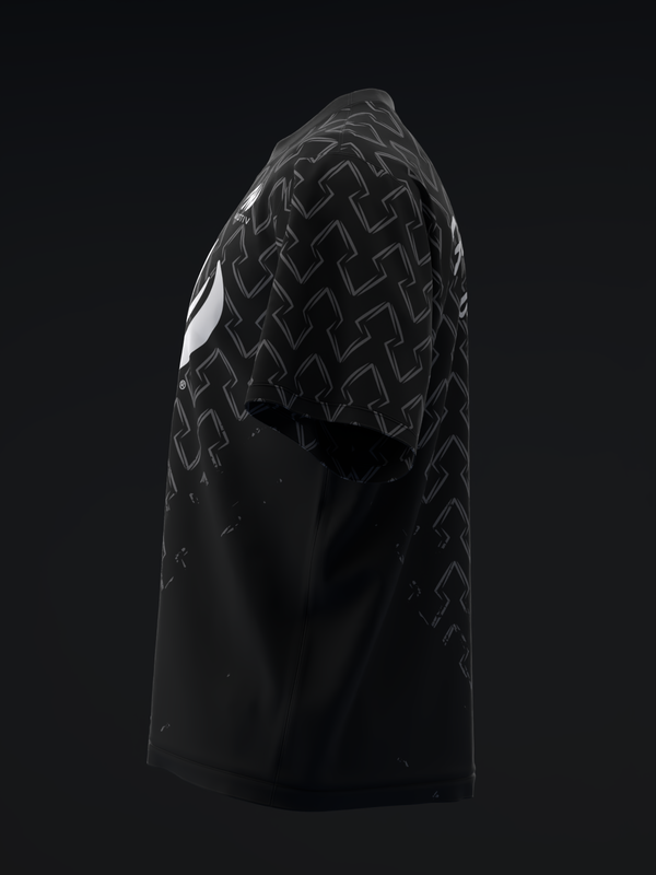Black bowling jersey with gray geometric pattern on shoulders and sleeves, side view