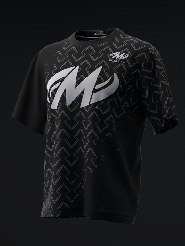 Black bowling jersey with white Motiv logo and geometric pattern on front