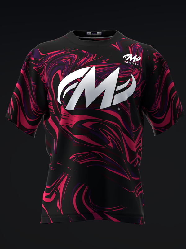 Black bowling jersey with pink swirled pattern and white Motiv logo, front view