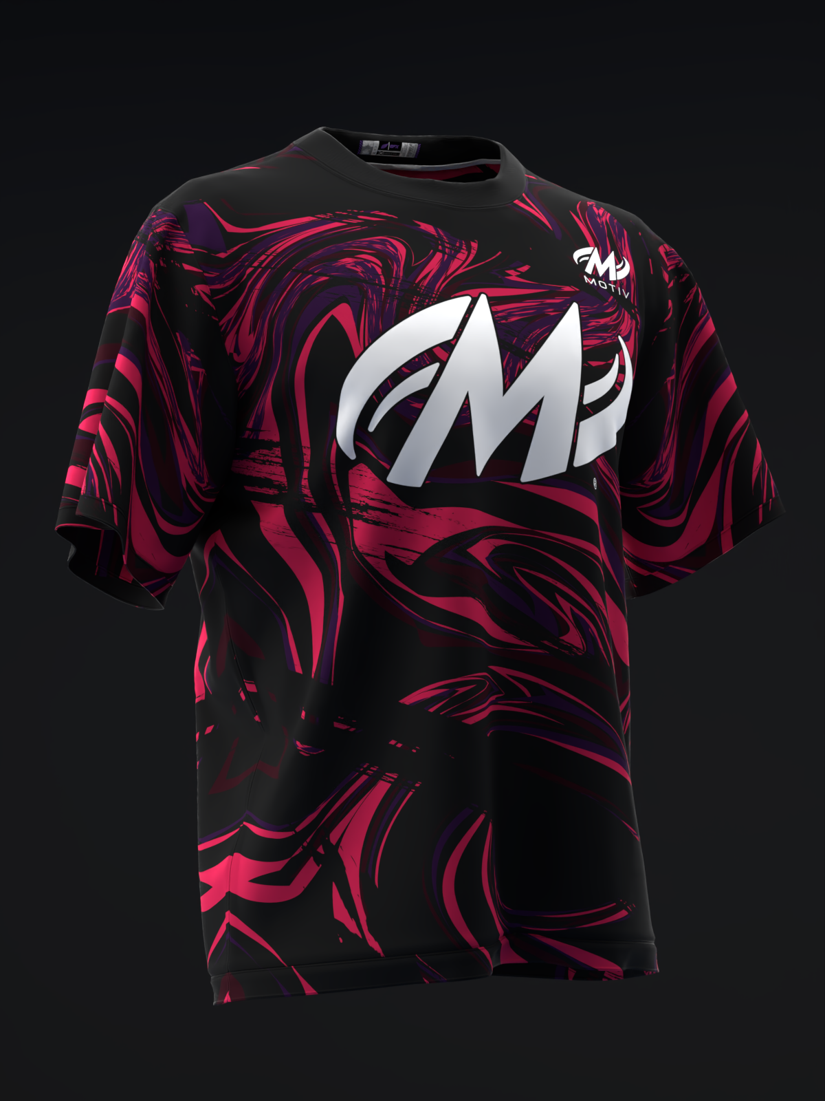 Black bowling jersey with crimson swirl pattern and white logo graphic, front view