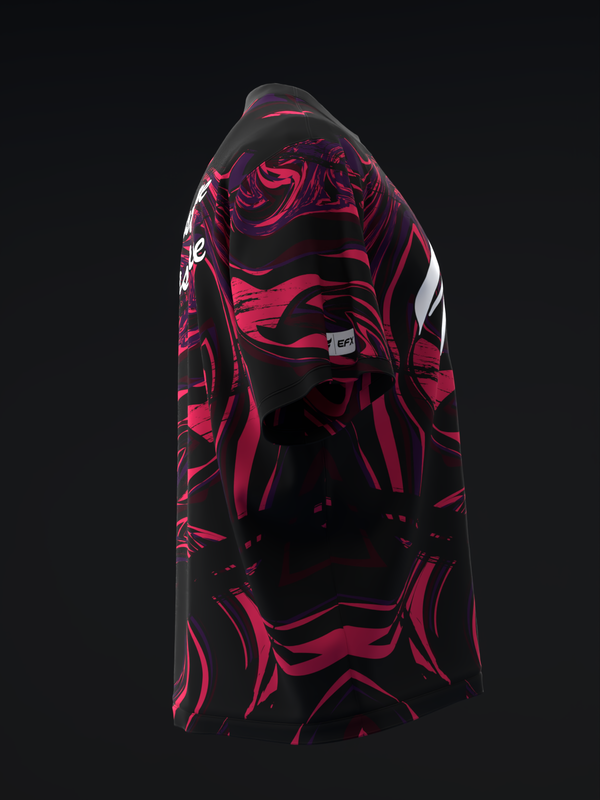 Black bowling jersey with red swirling abstract pattern and white accents, back view
