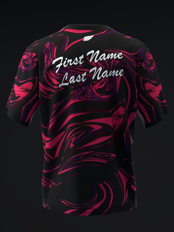 Black bowling jersey with magenta abstract swirl pattern and customizable name text
