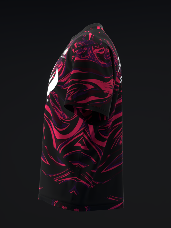 Black bowling jersey with bold crimson swirling graphic pattern, front view