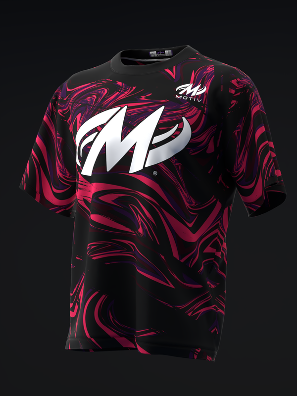 Black bowling jersey with magenta swirled pattern and white Motiv logo