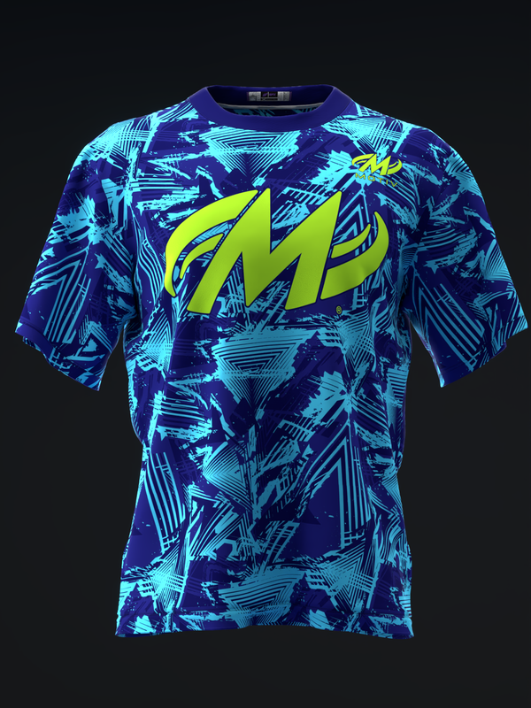 Navy and cyan geometric patterned bowling jersey with yellow logo graphic, front view