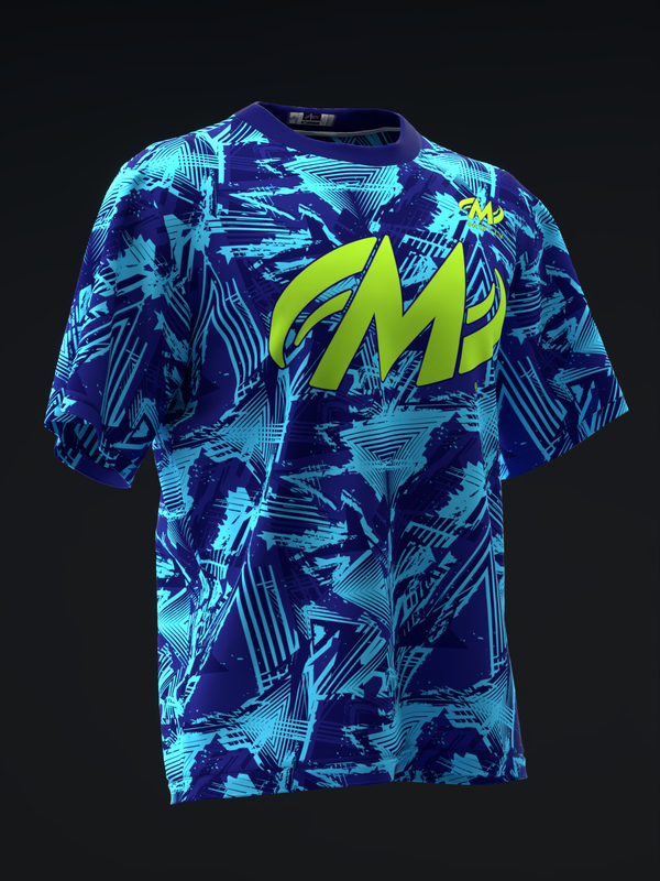 Blue and cyan abstract patterned bowling jersey with large neon yellow graphic logo