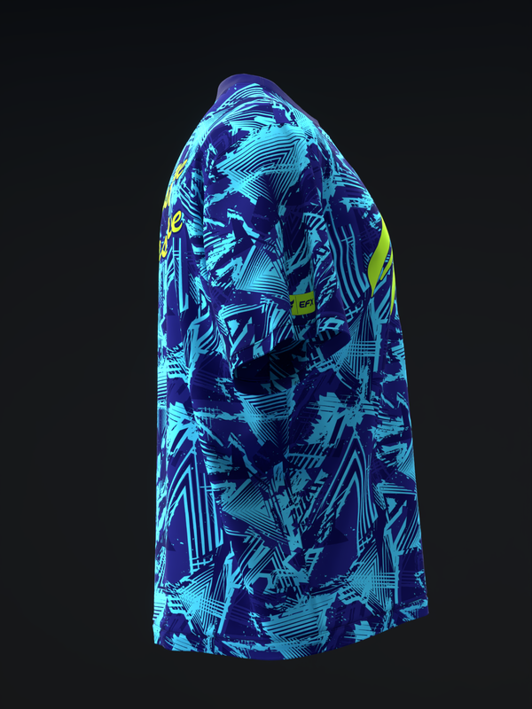 Bowling jersey with cyan and navy geometric abstract pattern, back view