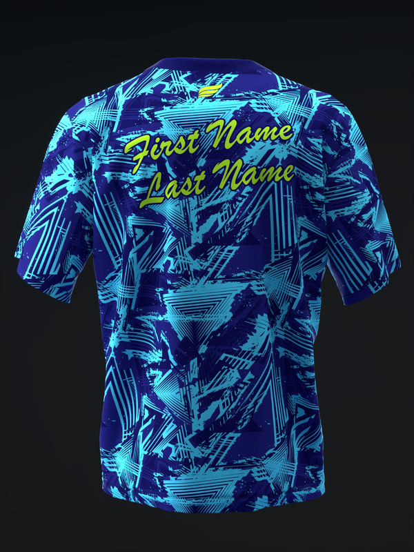 Dark blue bowling jersey with bright cyan geometric pattern and yellow personalized name text on back