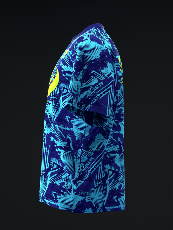 Bowling jersey with neon cyan and navy abstract geometric pattern, side view