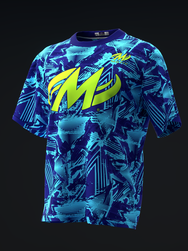 Navy and cyan bowling jersey with large neon yellow graphic logo, front view
