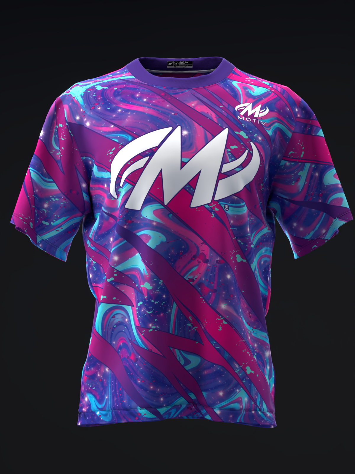 Purple and blue marbled bowling jersey with white M logo, front view