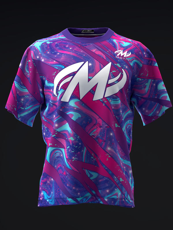 Purple and blue marbled bowling jersey with white M logo, front view