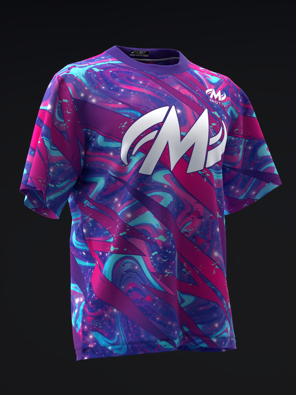 Purple and teal abstract bowling jersey with white lightning bolt graphic, front view