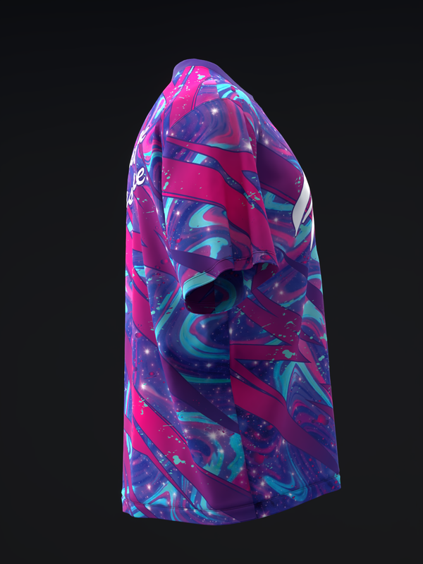 Bowling jersey featuring vibrant magenta, purple, and cyan abstract swirl pattern, side view