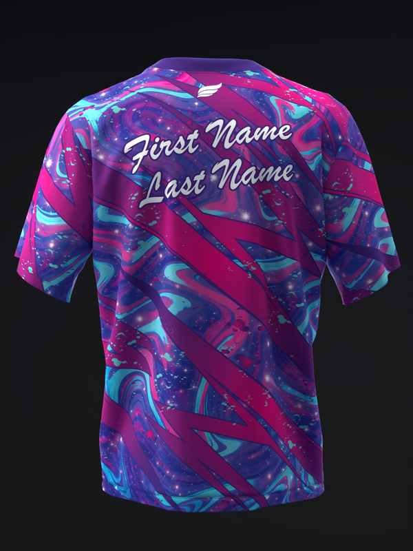 Back view of bowling jersey with magenta, purple, and cyan abstract pattern and personalized text
