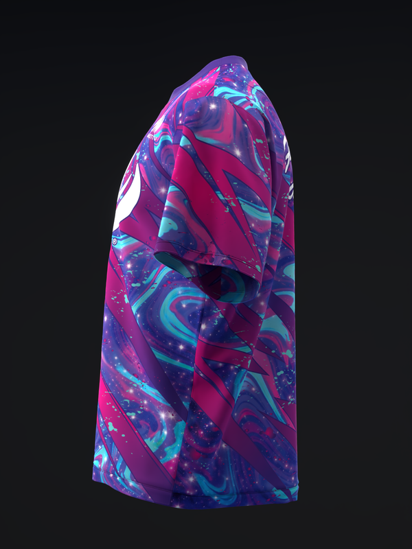 Bowling jersey with vibrant magenta, purple, and cyan abstract swirl pattern, side view