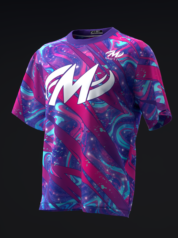 Motiv bowling jersey with vibrant purple, pink, and cyan abstract swirl pattern, front view