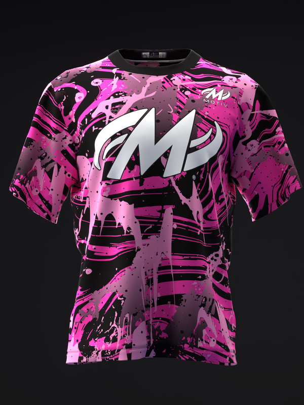 Front view of bowling jersey with neon pink and black abstract splatter pattern design