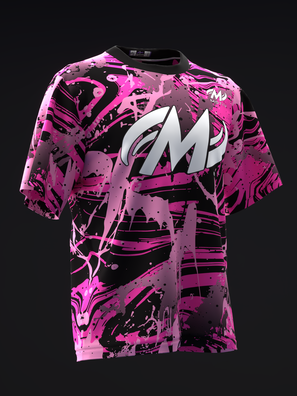 Hot pink and black abstract splatter pattern bowling jersey front view