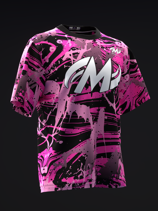 Hot pink and black abstract splatter pattern bowling jersey front view