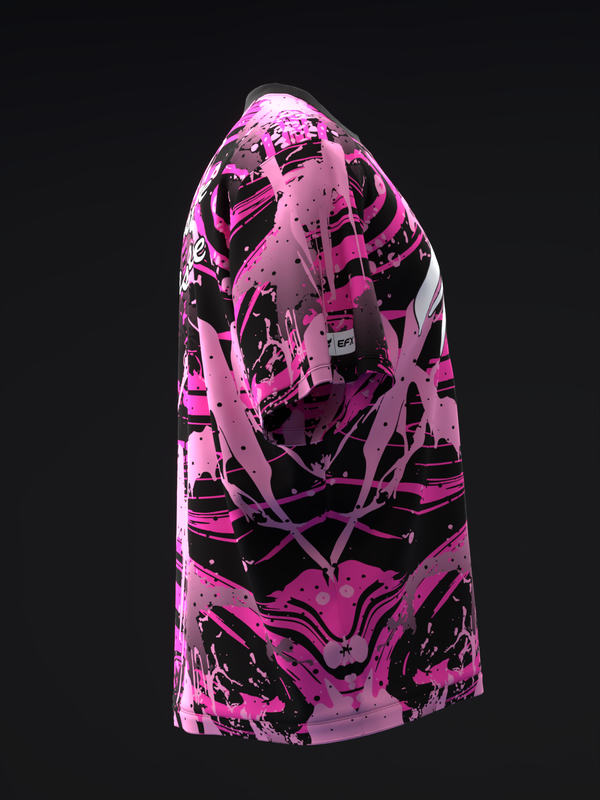 Pink and black bowling jersey with abstract geometric graphic design, side view