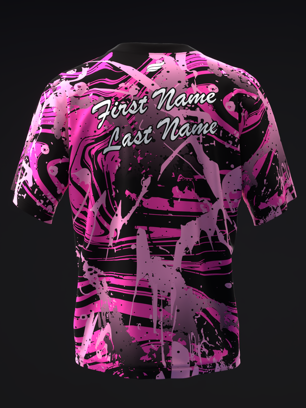 Black bowling jersey with hot pink abstract splatter and line pattern, personalized nameplate