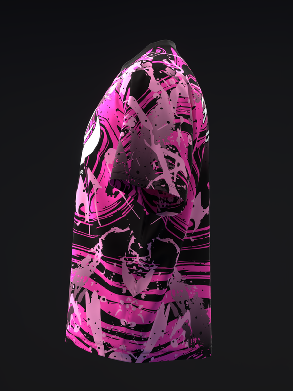 Hot pink and black bowling jersey with abstract graffiti-style graphic design