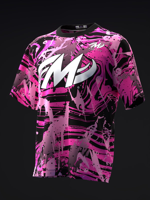 Front view of pink and black bowling jersey with white M logo and abstract splatter pattern