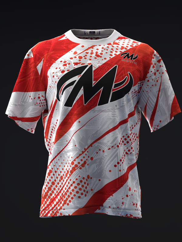 Red and white bowling jersey with black Jackal graphic and dot pattern design