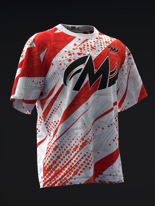 Red and white bowling jersey with black Jackal logo and geometric pattern design