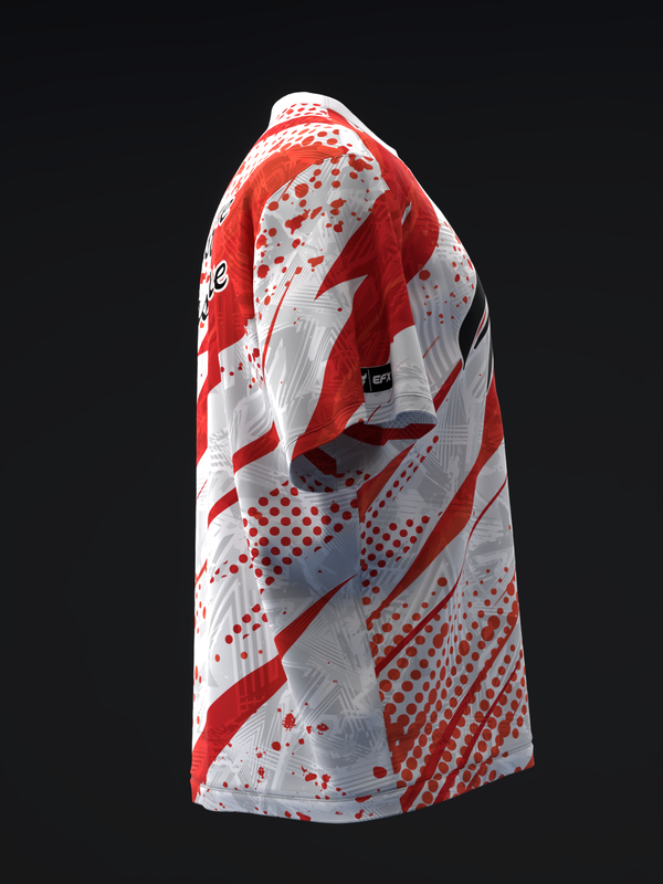 Red and white bowling jersey with splatter and dot pattern design, back view