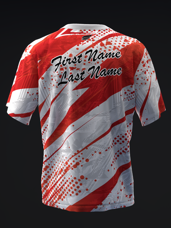 Red and white bowling jersey back view with diagonal stripe and dot pattern design
