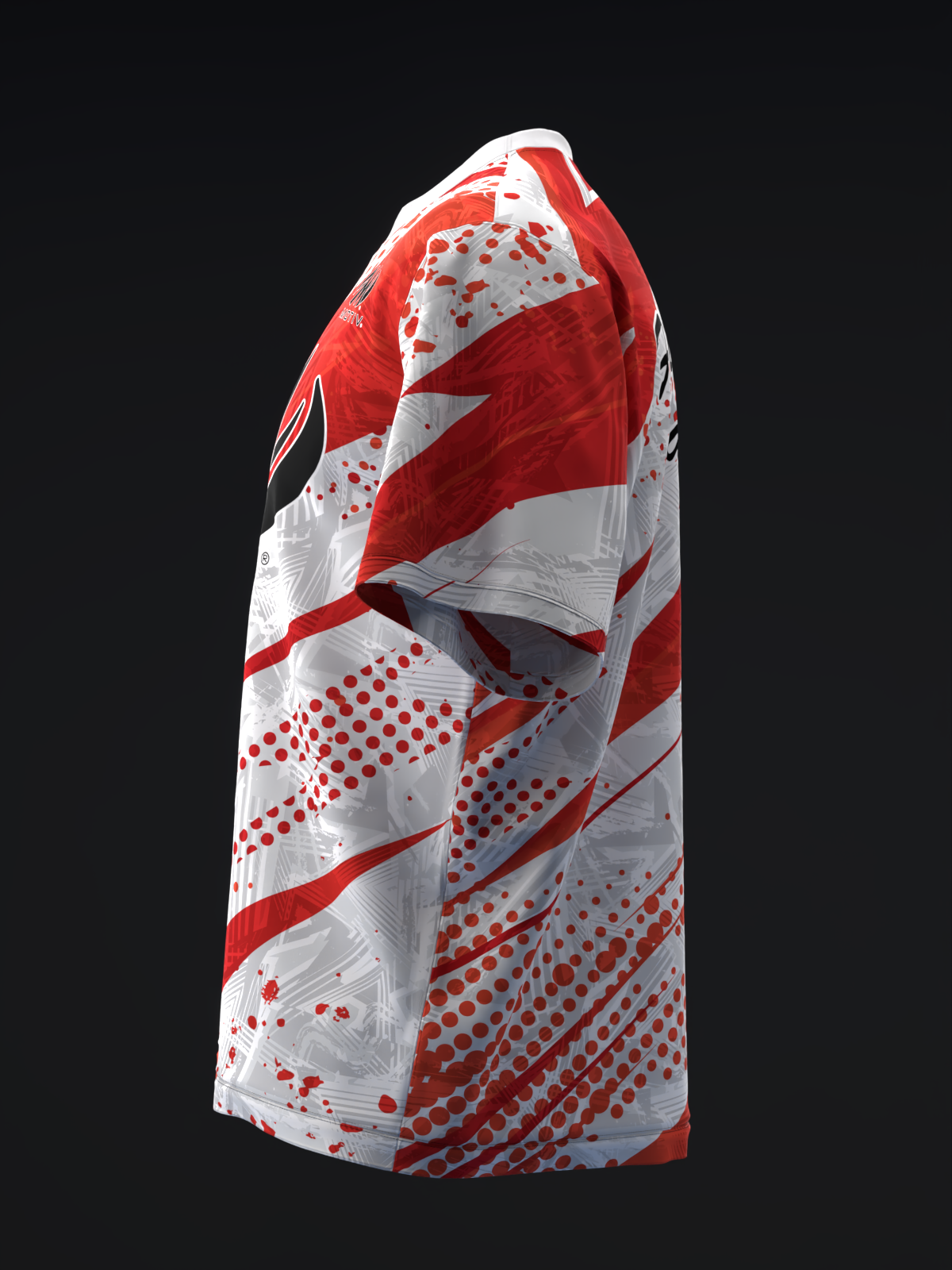 Red and white bowling jersey with diagonal stripe and dot pattern design