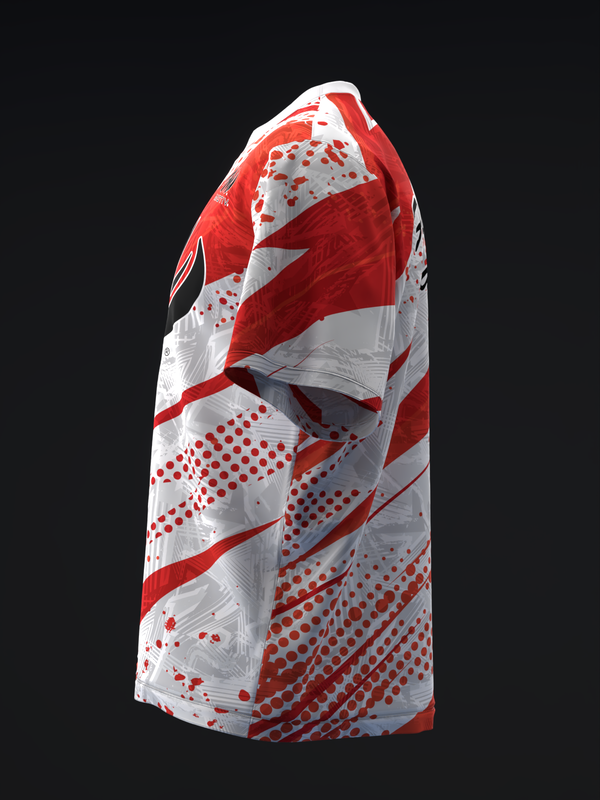 Red and white bowling jersey with diagonal stripe and dot pattern design