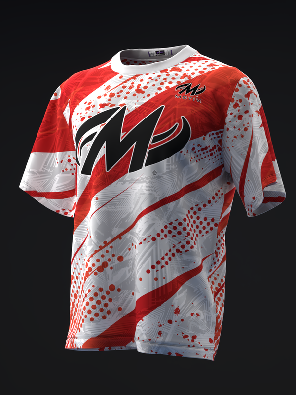 Red and white bowling jersey with black graphic design and dot pattern