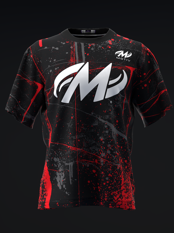 Black bowling jersey with red splatter pattern and white M logo, front view