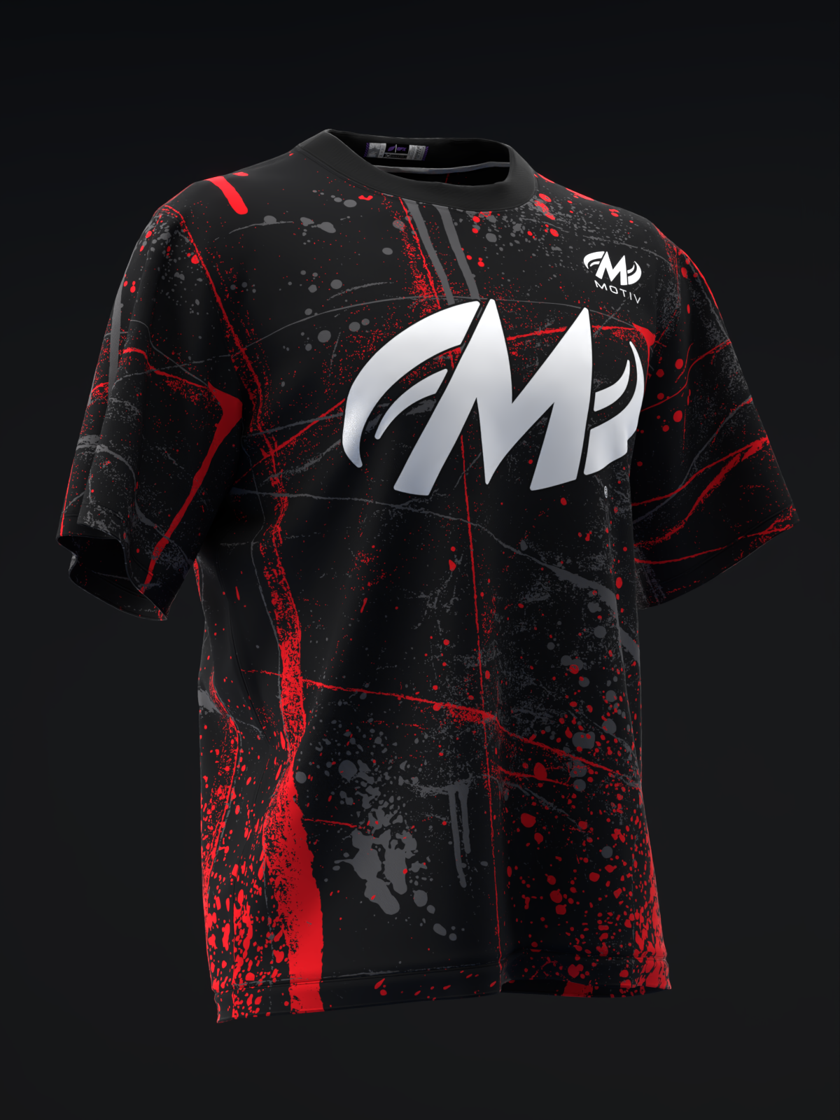 Black and red splatter pattern bowling jersey with white logo graphic, front view