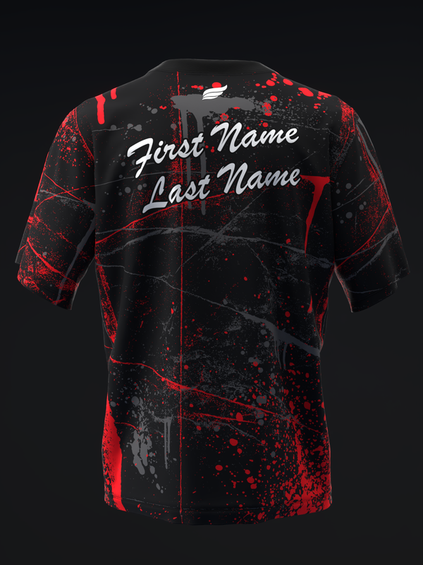 Black and red bowling jersey with splatter pattern and personalization text on front