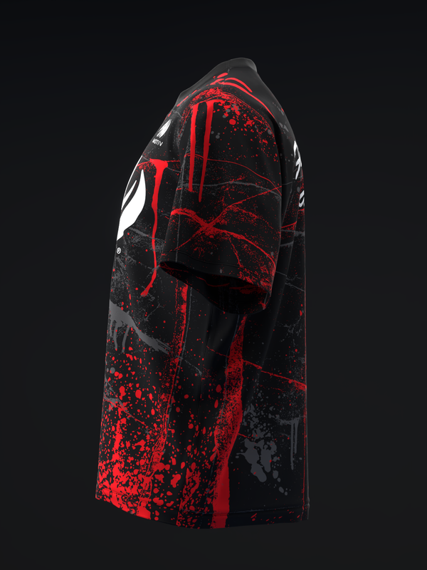 Black bowling jersey with red splatter and line design, side view